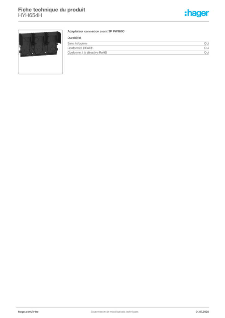 Image Hager Fiche technique du produit HYH654H | Hager Belgique