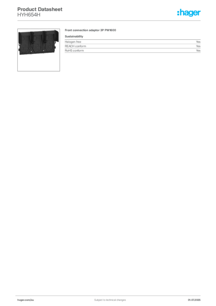 Image Hager Product data sheet HYH654H  | Hager Australia