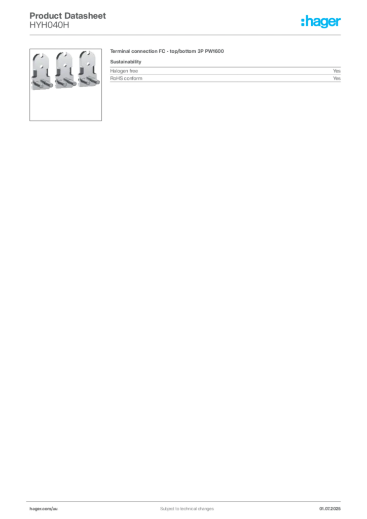 Image Hager Product data sheet HYH040H  | Hager Australia