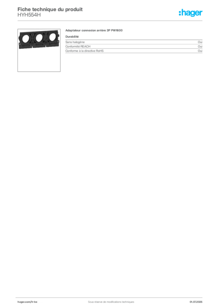 Image Hager Fiche technique du produit HYH554H | Hager Belgique