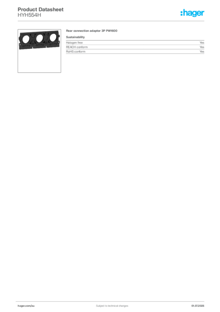 Image Hager Product data sheet HYH554H  | Hager Australia