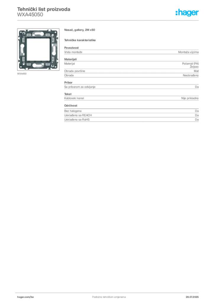 Slika Hager Product data sheet WXA45050  | Hager