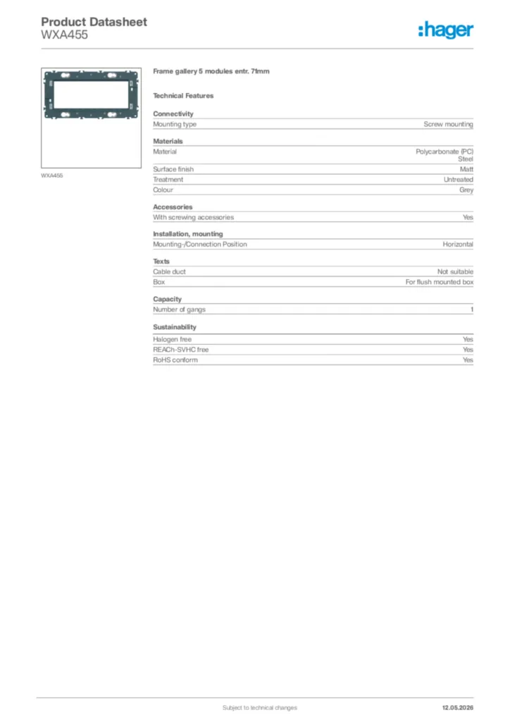 Image Hager Product data sheet WXA455  | Hager Africa