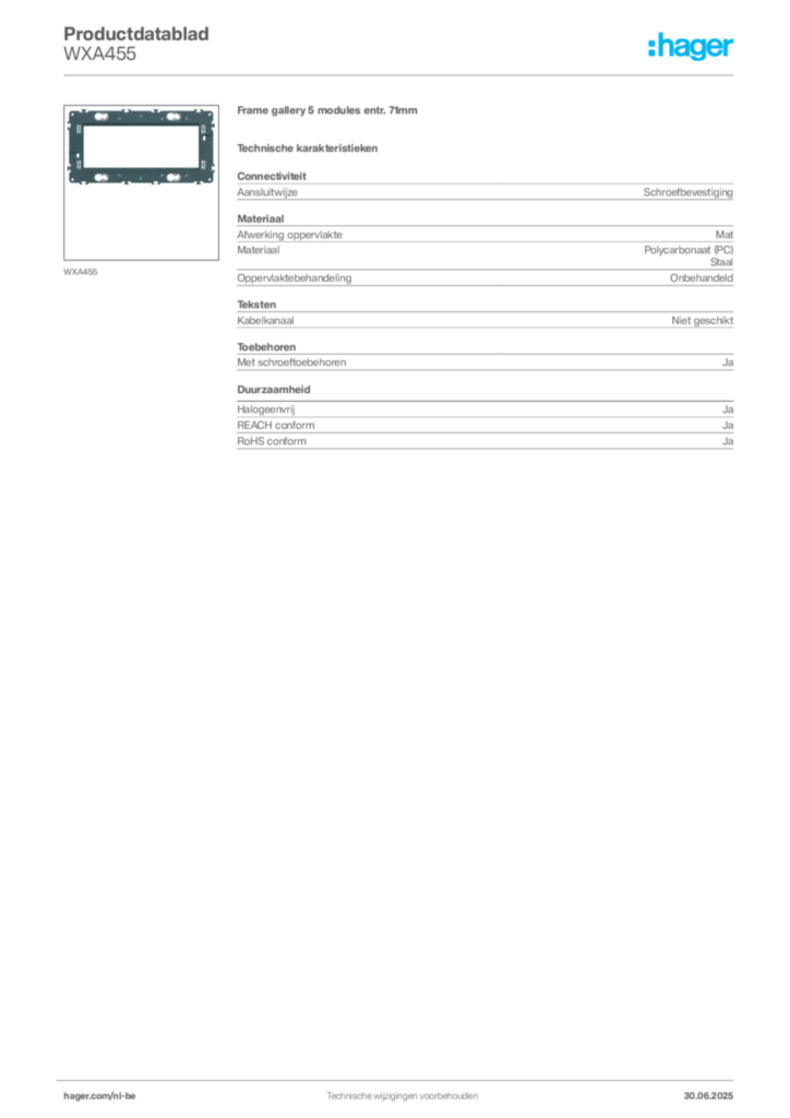 Afbeelding Hager Productdatablad WXA455 | Hager Belgium