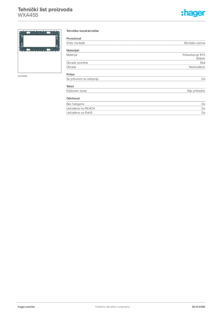 Slika Hager Product data sheet WXA455  | Hager