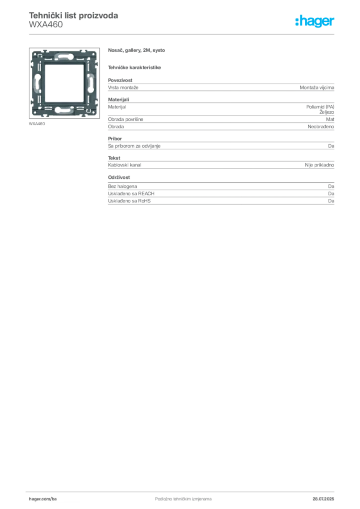 Slika Hager Product data sheet WXA460  | Hager