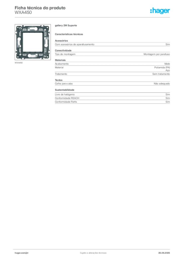 Imagem Hager Ficha técnica do produto WXA450 | Hager Portugal