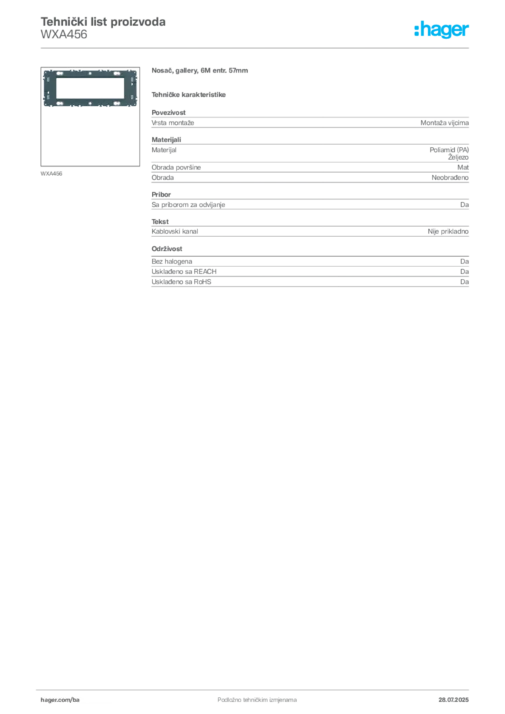 Slika Hager Product data sheet WXA456  | Hager