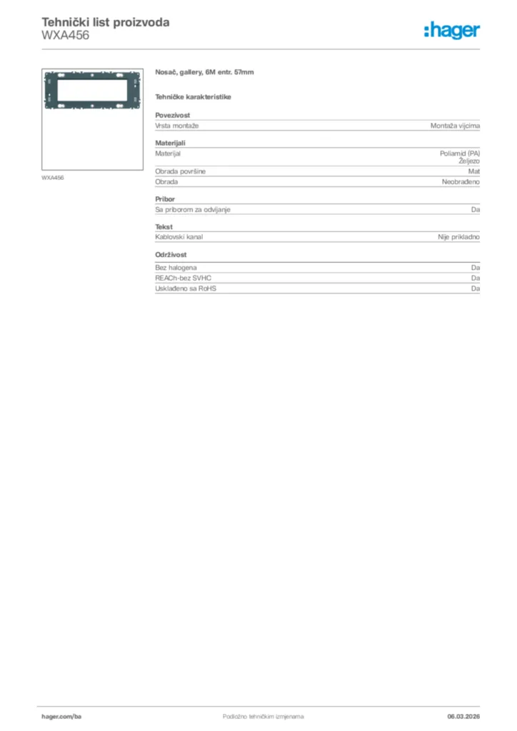 Slika Hager Tehnički list proizvoda WXA456  | Hager