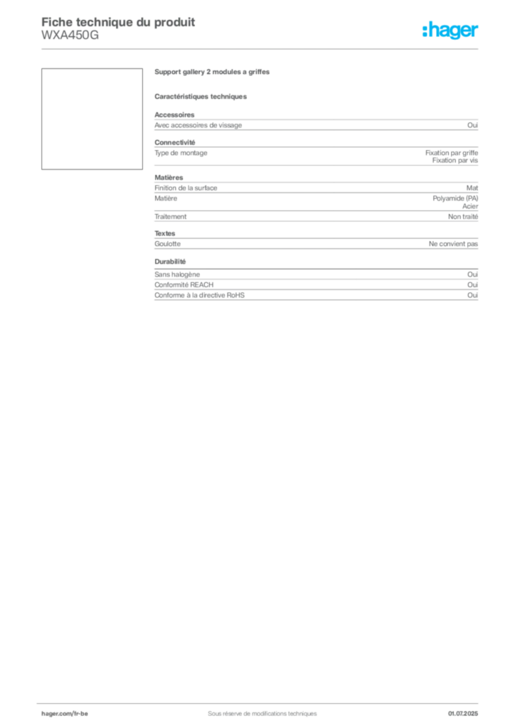Image Hager Fiche technique du produit WXA450G | Hager Belgique
