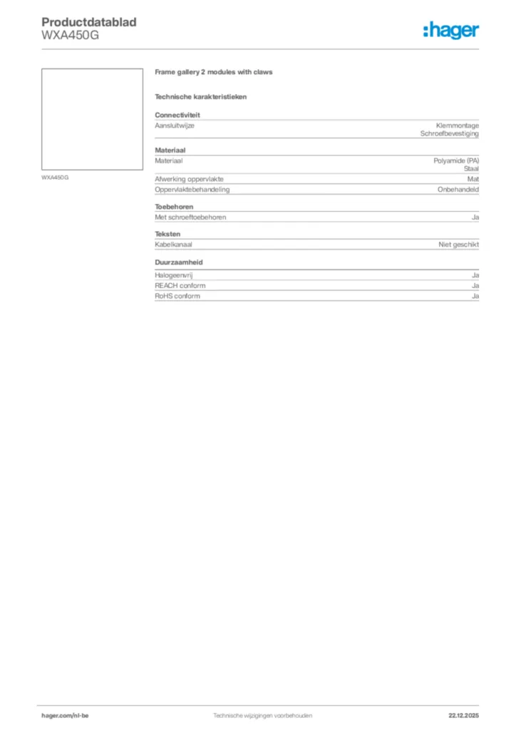 Afbeelding Hager Productdatablad WXA450G | Hager Belgium