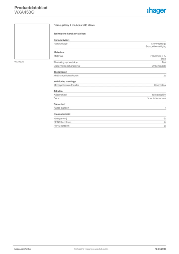 Afbeelding Hager Productdatablad WXA450G | Hager Belgium