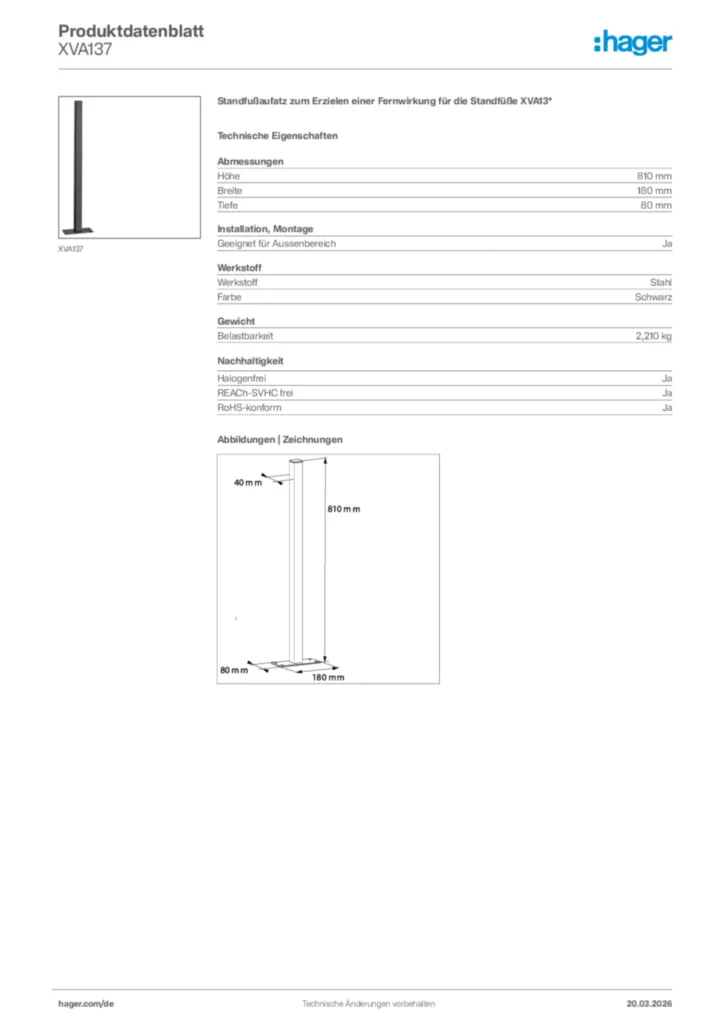 Bild Hager Produktdatenblatt XVA137 | Hager Deutschland