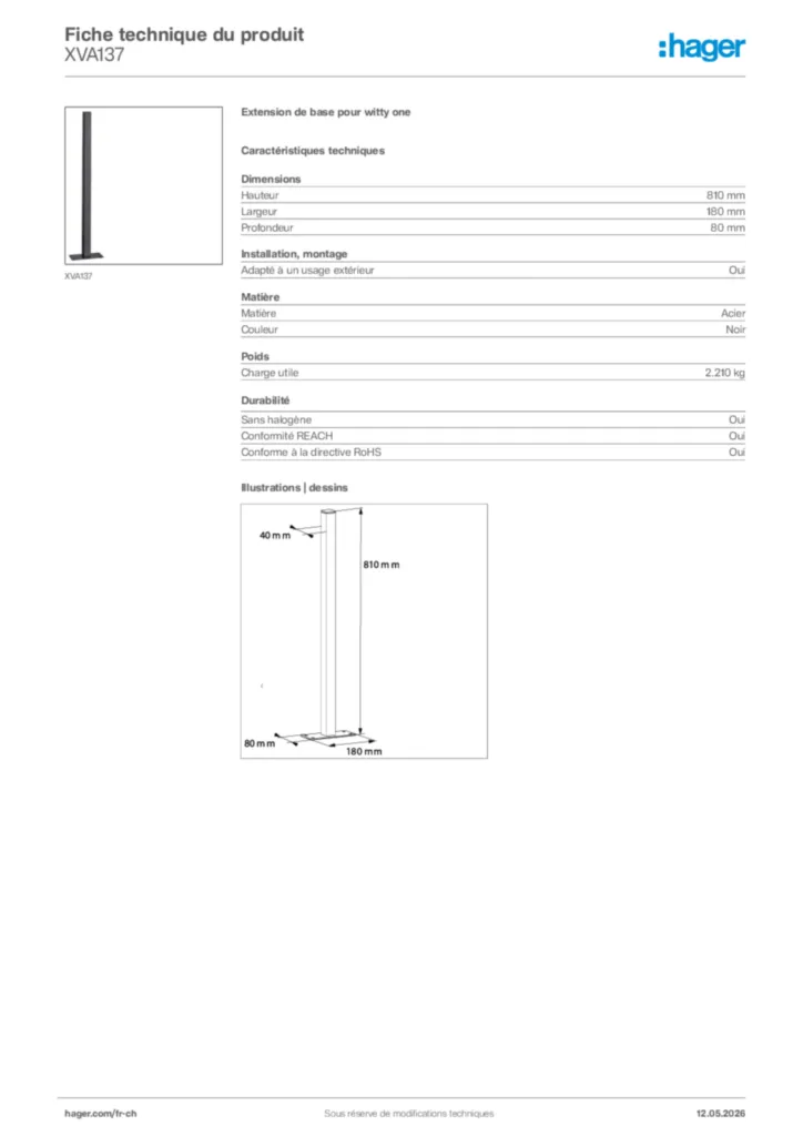 Image Hager Fiche technique du produit XVA137 | Hager Suisse