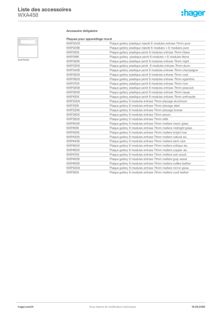 Image Hager Fiche technique du produit WXA458 | Hager France