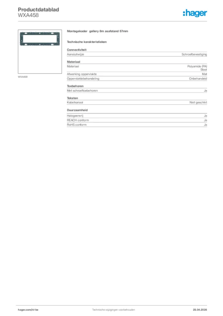 Afbeelding Hager Productdatablad WXA458 | Hager Belgium