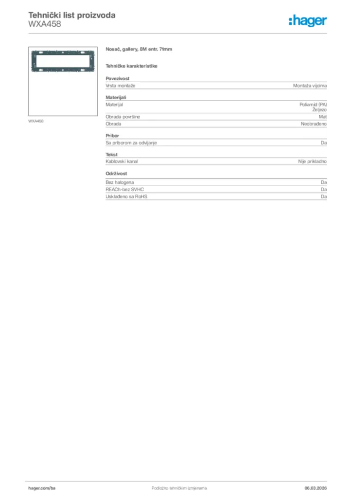 Slika Hager Tehnički list proizvoda WXA458  | Hager