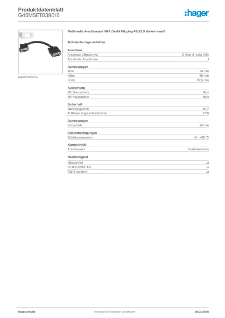 Bild Hager Produktdatenblatt G45MSET039016 | Hager Deutschland