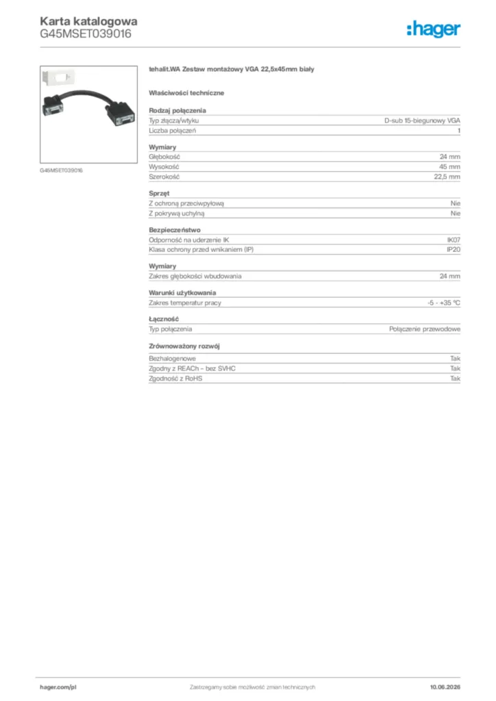 Zdjęcie Hager Karta katalogowa G45MSET039016 | Hager Polska