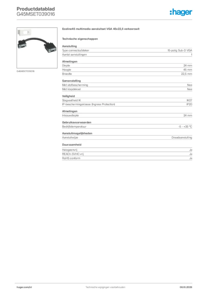 Afbeelding Hager Productdatablad G45MSET039016 | Hager Nederland
