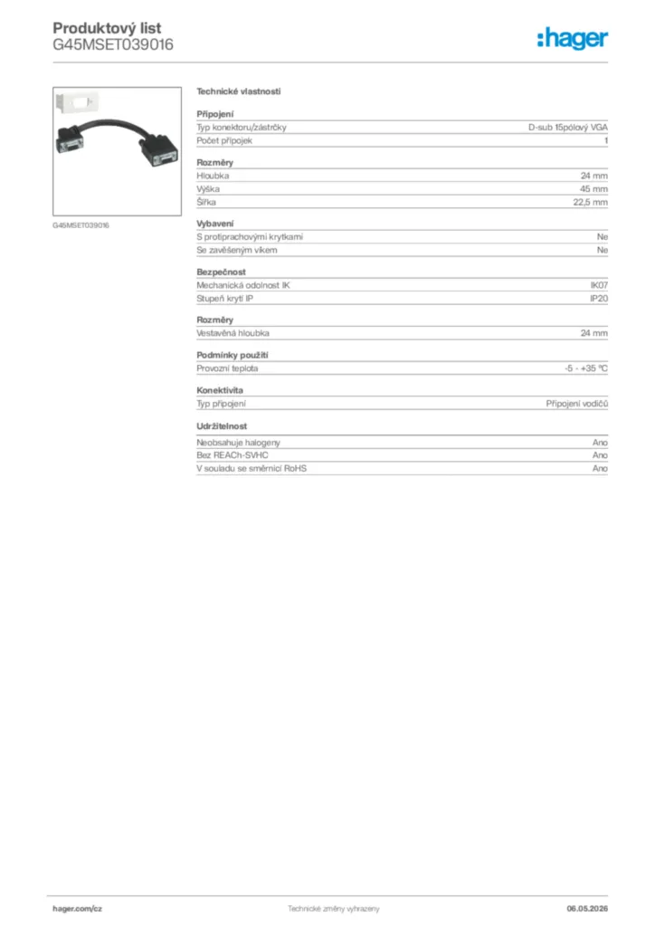 Obrázek Hager Product data sheet G45MSET039016 | Hager