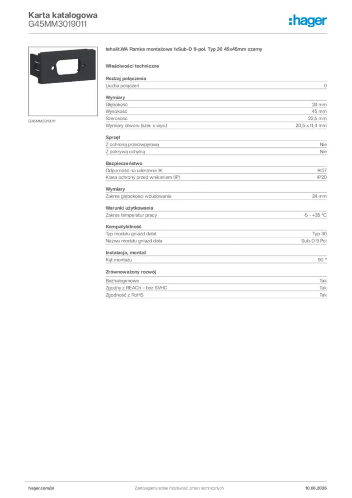 Zdjęcie Hager Karta katalogowa G45MM3019011 | Hager Polska