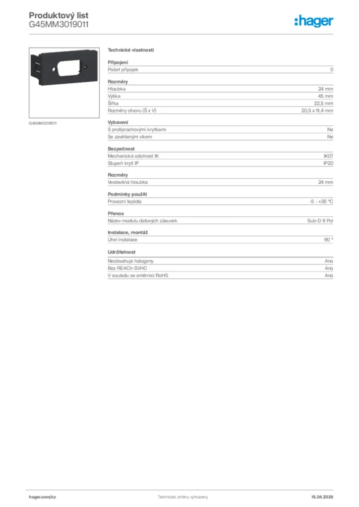 Obrázek Hager Product data sheet G45MM3019011 | Hager