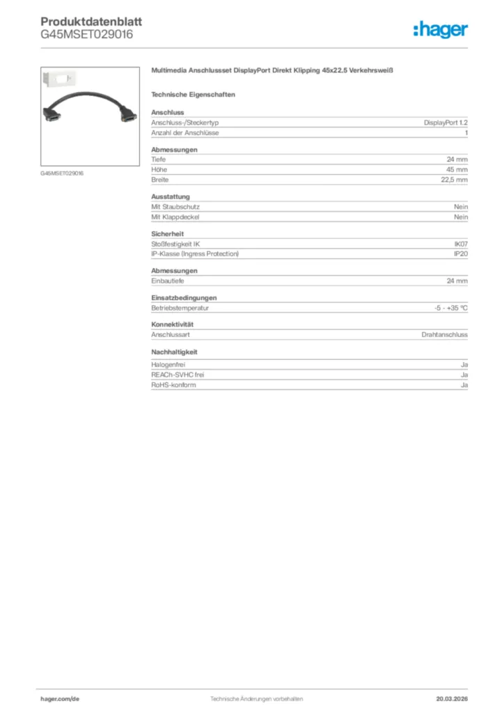 Bild Hager Produktdatenblatt G45MSET029016 | Hager Deutschland