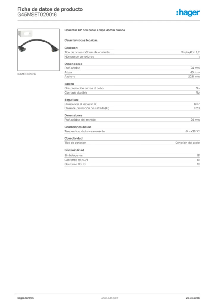 Imagen Hager Ficha de datos de producto G45MSET029016 | Hager España
