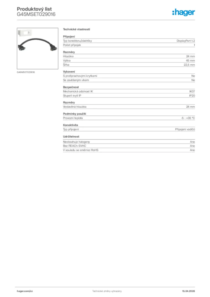 Obrázek Hager Product data sheet G45MSET029016 | Hager