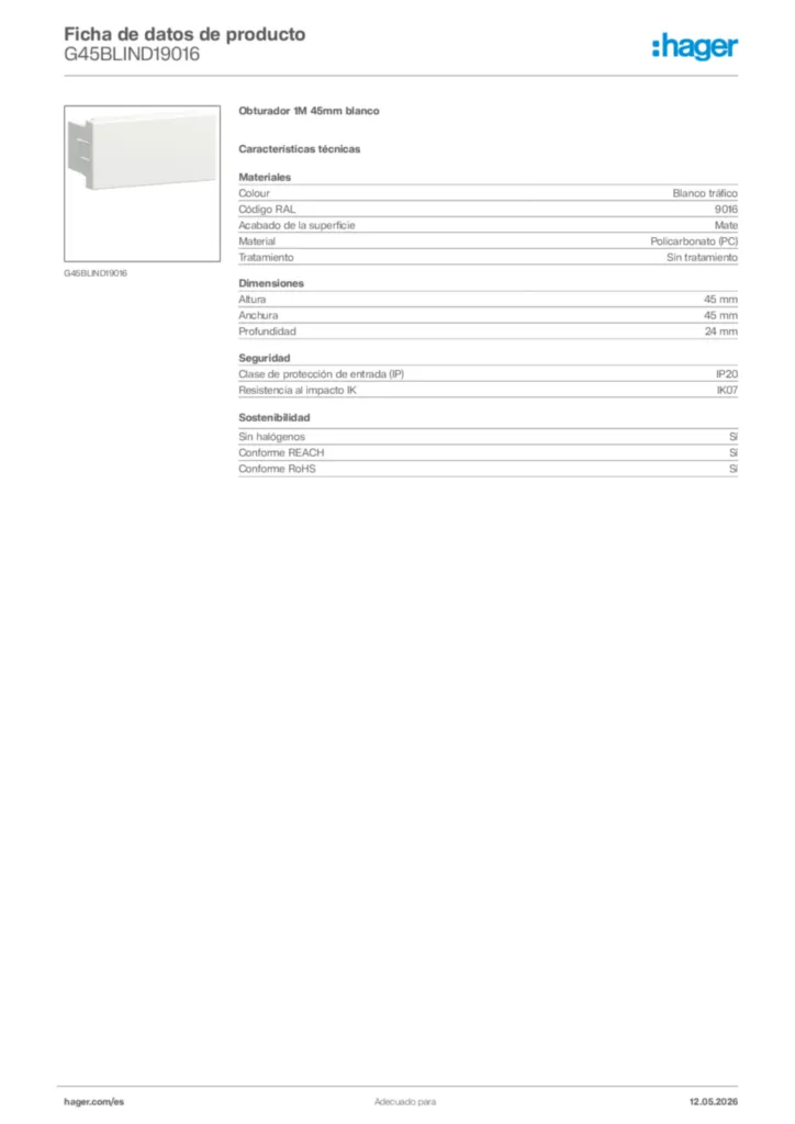 Imagen Hager Ficha de datos de producto G45BLIND19016 | Hager España