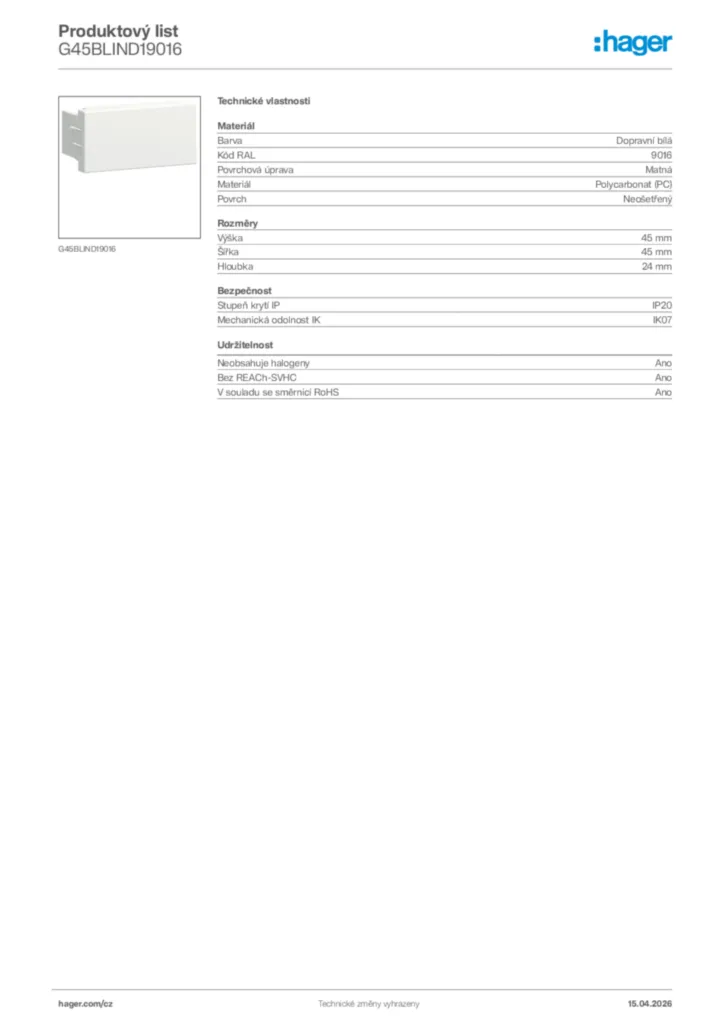 Obrázek Hager Product data sheet G45BLIND19016 | Hager