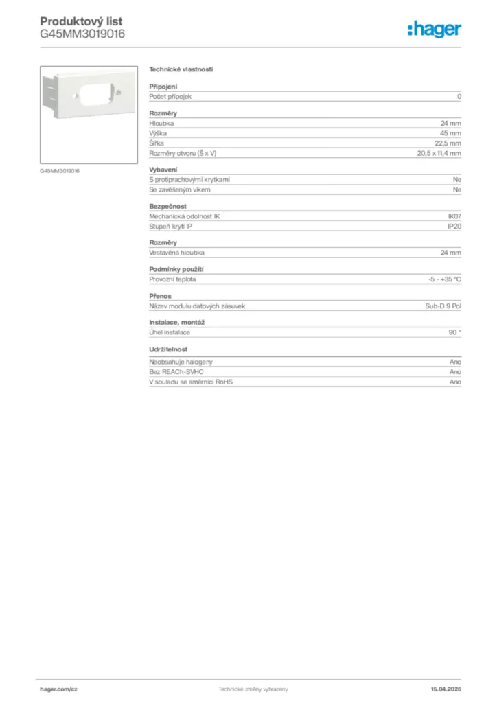 Obrázek Hager Product data sheet G45MM3019016 | Hager