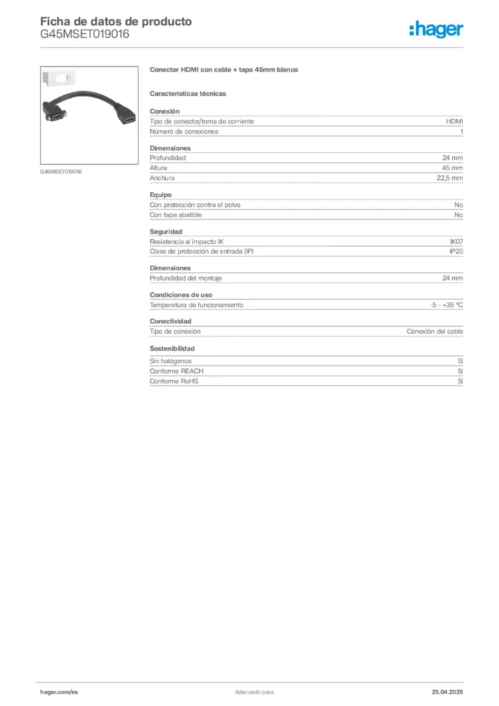 Imagen Hager Ficha de datos de producto G45MSET019016 | Hager España