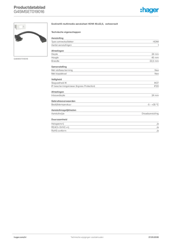 Afbeelding Hager Productdatablad G45MSET019016 | Hager Nederland
