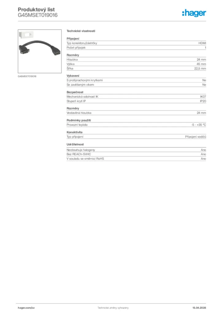 Obrázek Hager Product data sheet G45MSET019016 | Hager