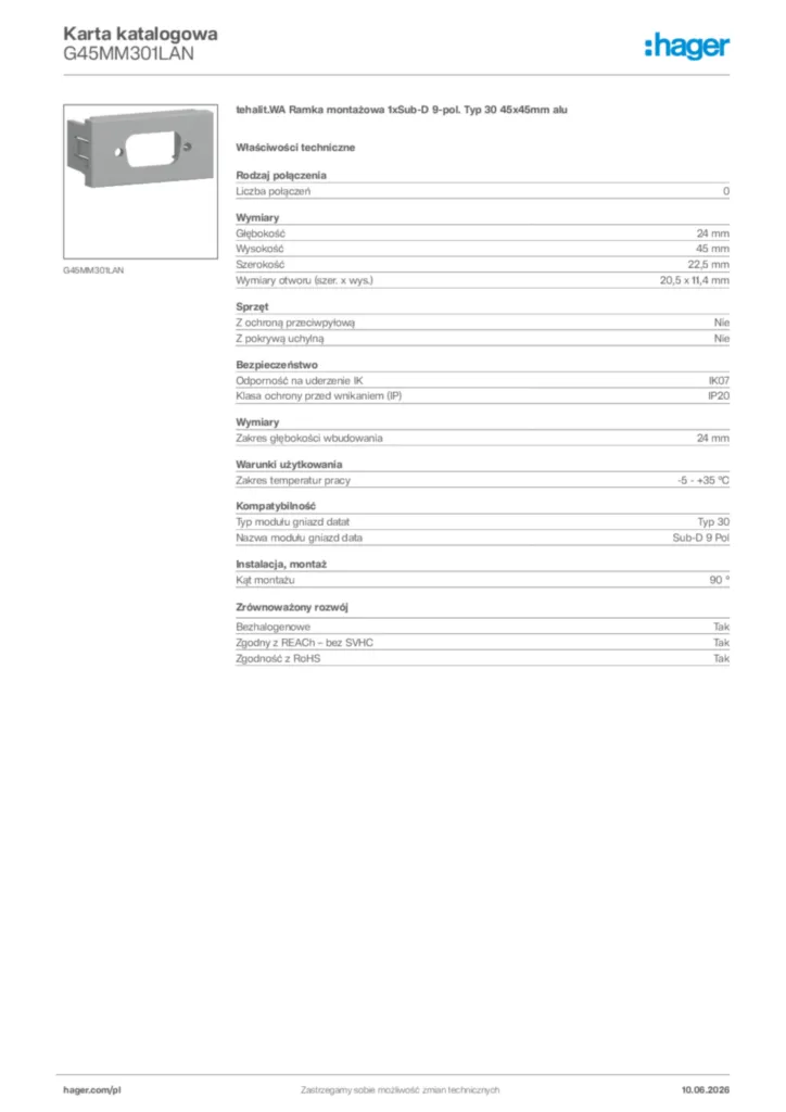 Zdjęcie Hager Karta katalogowa G45MM301LAN | Hager Polska