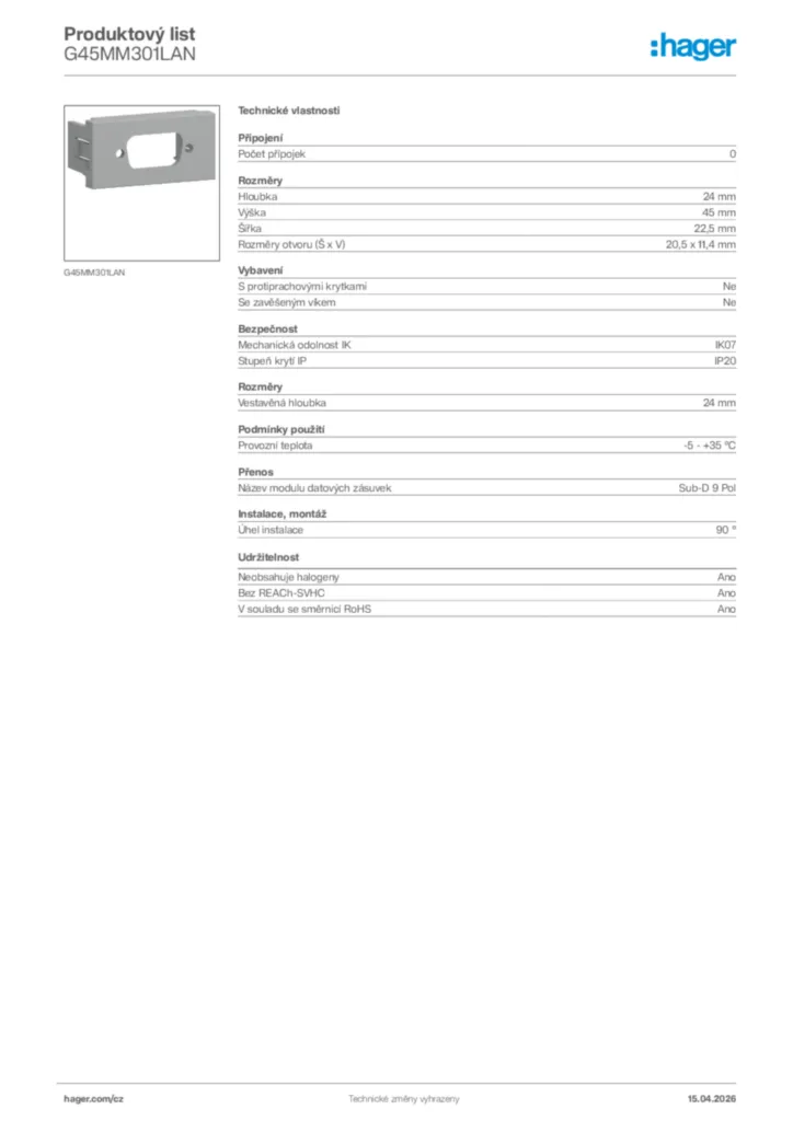 Obrázek Hager Product data sheet G45MM301LAN | Hager