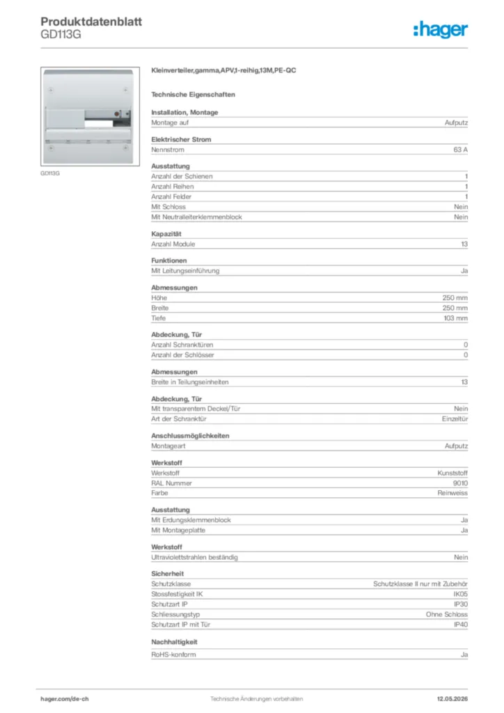 Bild Hager Produktdatenblatt GD113G | Hager Schweiz