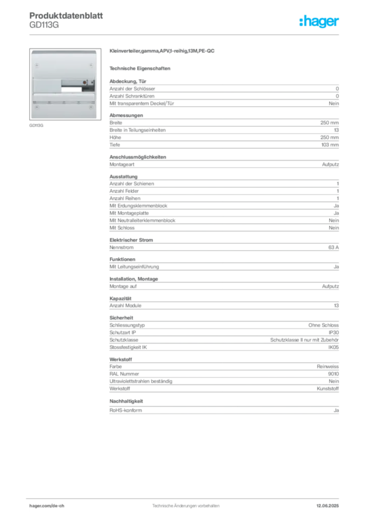 Bild Hager Produktdatenblatt GD113G | Hager Schweiz