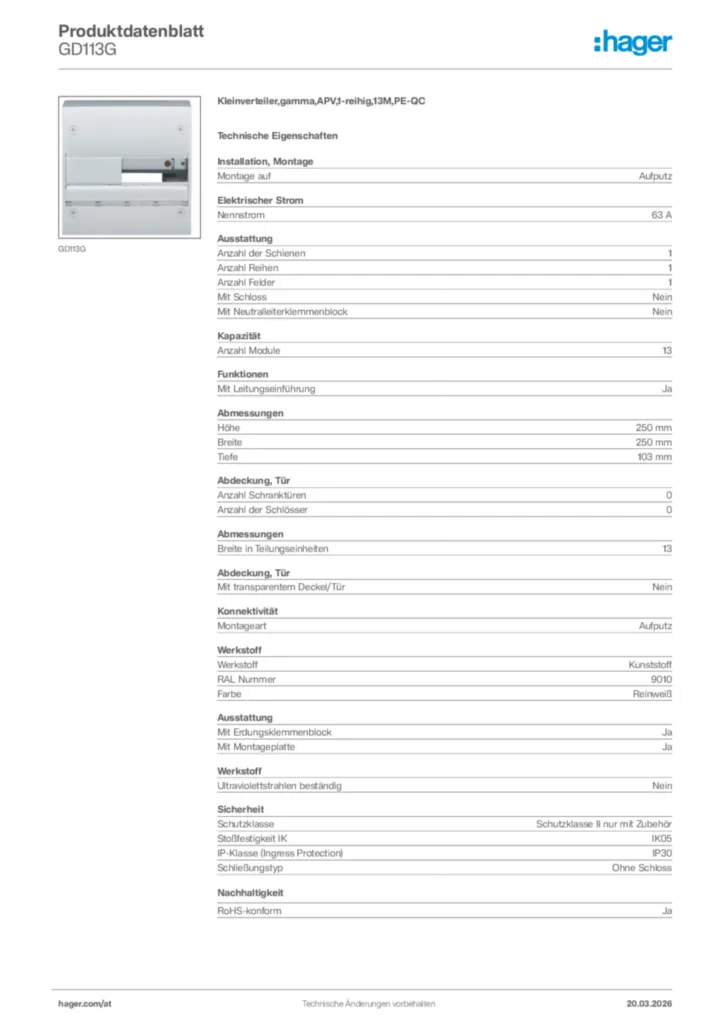 Bild Hager Produktdatenblatt GD113G | Hager Deutschland