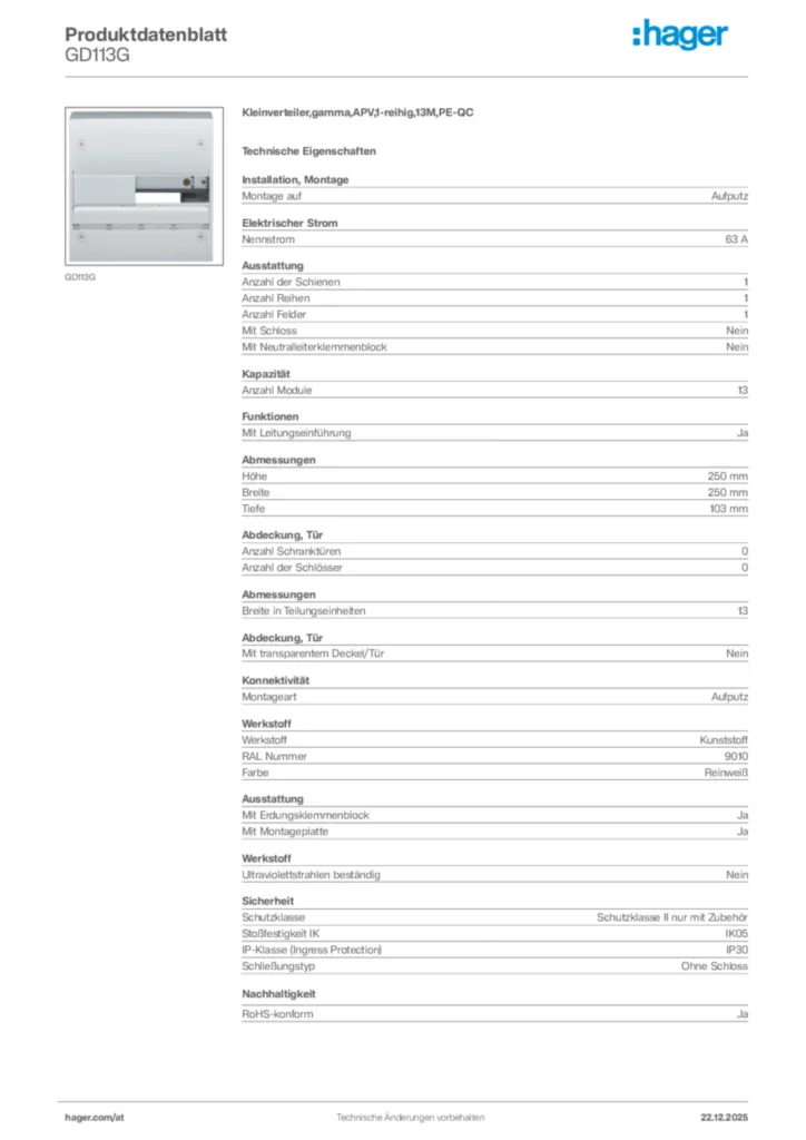 Bild Hager Produktdatenblatt GD113G | Hager Deutschland