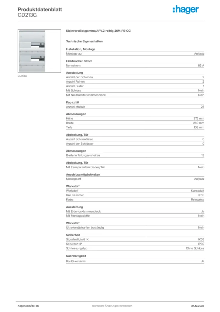 Bild Hager Produktdatenblatt GD213G | Hager Schweiz