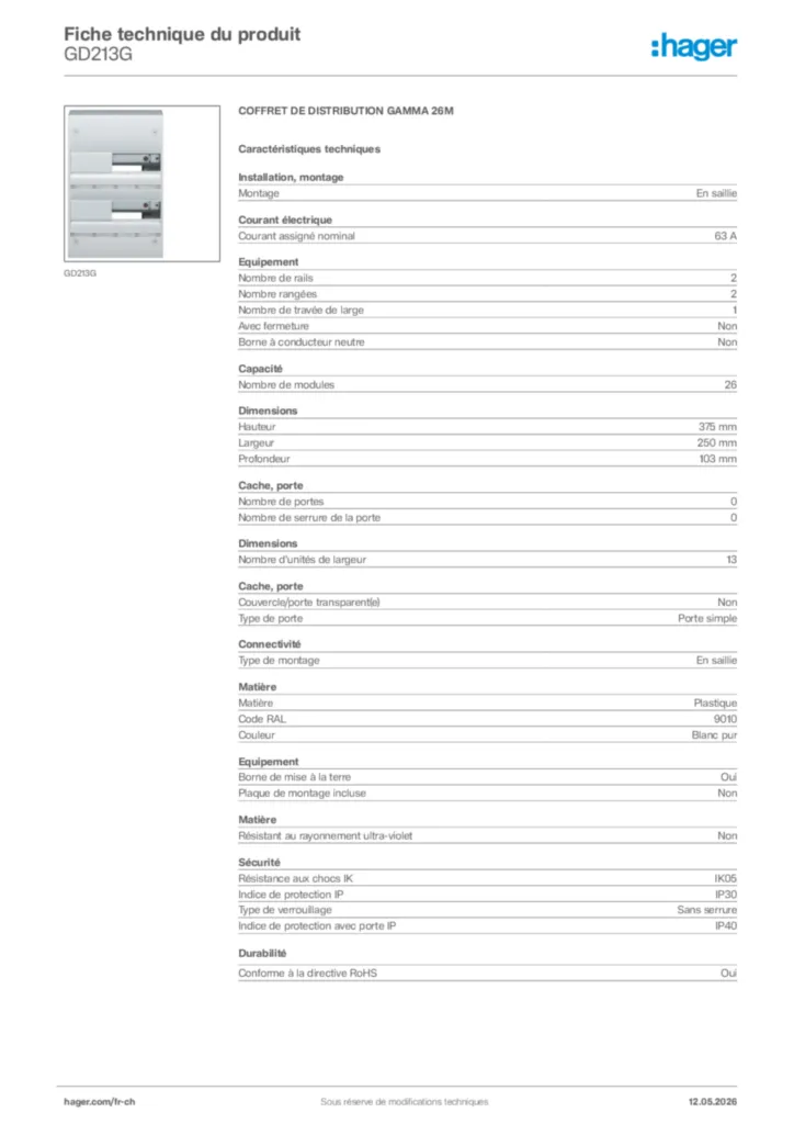 Image Hager Fiche technique du produit GD213G | Hager Suisse