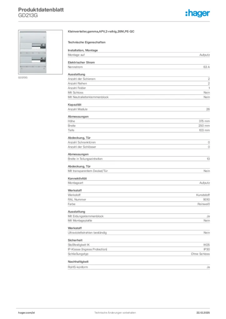 Bild Hager Produktdatenblatt GD213G | Hager Deutschland
