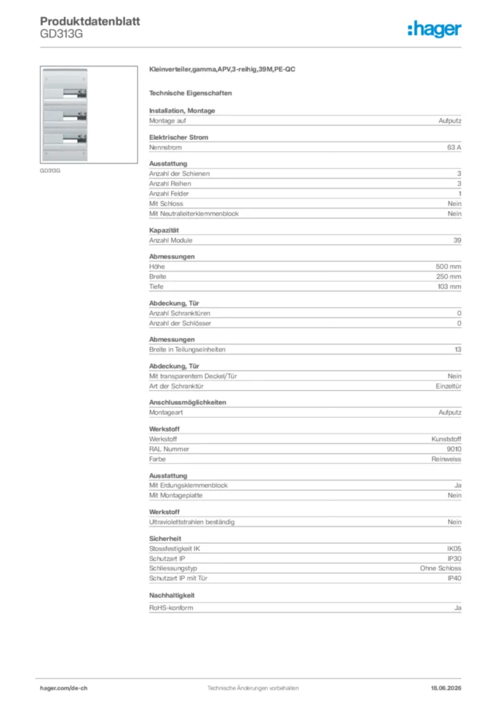 Bild Hager Produktdatenblatt GD313G | Hager Schweiz