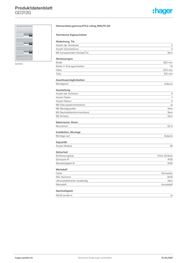 Bild Hager Produktdatenblatt GD313G | Hager Schweiz
