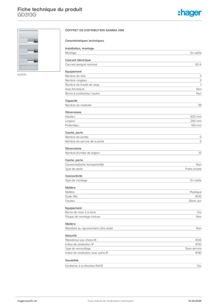Image Hager Fiche technique du produit GD313G | Hager Suisse