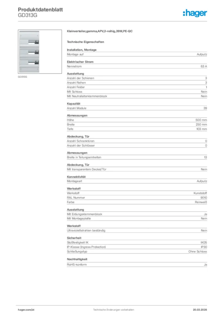 Bild Hager Produktdatenblatt GD313G | Hager Deutschland