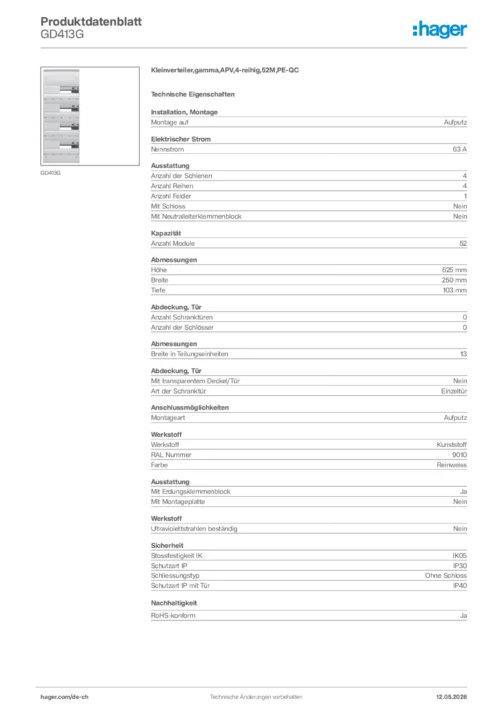 Bild Hager Produktdatenblatt GD413G | Hager Schweiz